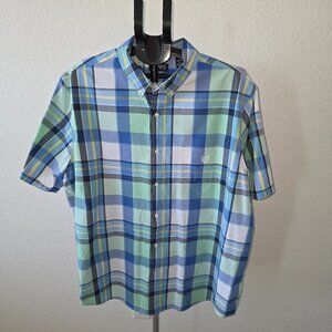 CHAPS EASY CARE MENS 3XL BLUE, GREEN AND BLACK PLAID SHORT SLEEVE SHIRT